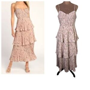 Lulu’s women Sz M floral tiered fit flare midi dress  Spaghetti Straps pastel
